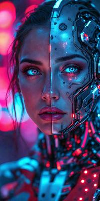 The primary subject of the image is a woman with blue eyes, who is wearing a futuristic, high-tech outfit. The setting is a dark room with a blue light, creating a moody atmosphere. The visual style is a combination of a photo and digital art, as the woman appears to be a blend of human and robotic elements. The colors and mood are predominantly blue, with a hint of red, giving the image a futuristic and mysterious vibe.